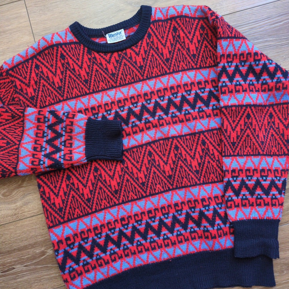 Vintage Meister Wool Ski Sweater Fair Isle Red Navy Blue Geometric XL